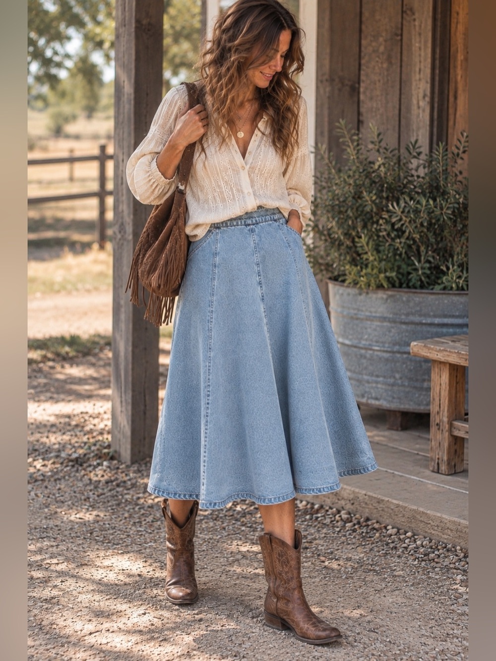 Vintage Light Wash Denim Midi Skirt Paneled A-Line  Y2K Cottagecore Western 90s